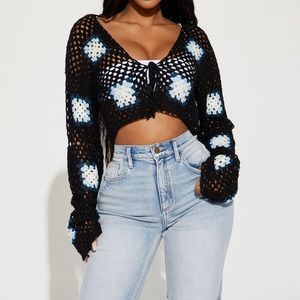 Dessert Daydream Crochet Tie Front Cropped Cardigan Black/Combo